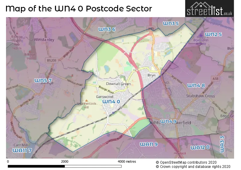 Map of the WN4 0 and surrounding postcode sector