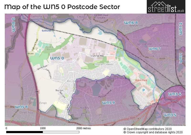 Map of the WN5 0 and surrounding postcode sector