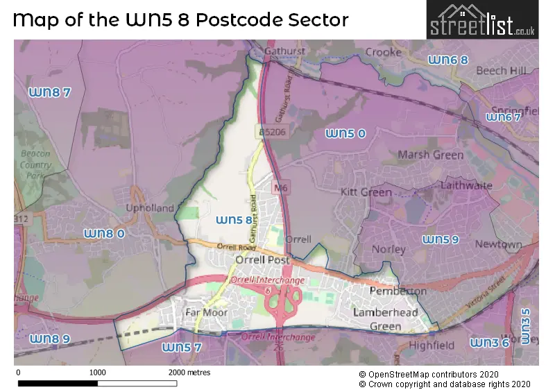 Map of the WN5 8 and surrounding postcode sector