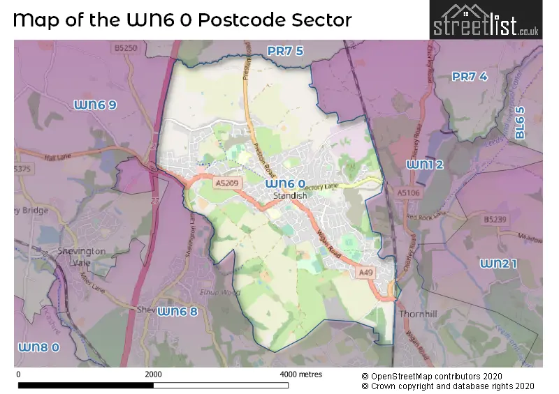 Map of the WN6 0 and surrounding postcode sector