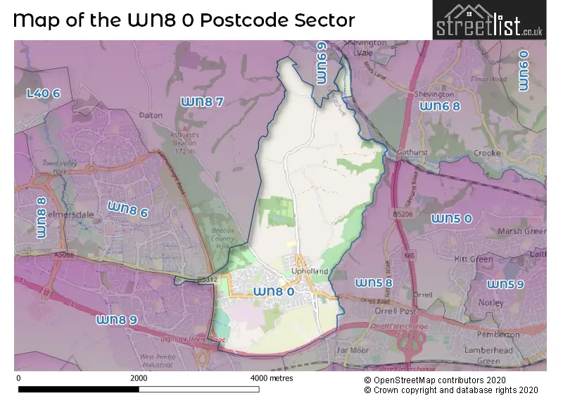 Map of the WN8 0 and surrounding postcode sector