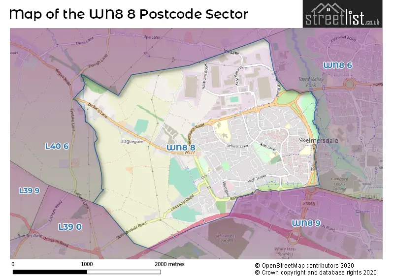 Map of the WN8 8 and surrounding postcode sector