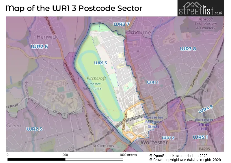 Map of the WR1 3 and surrounding postcode sector