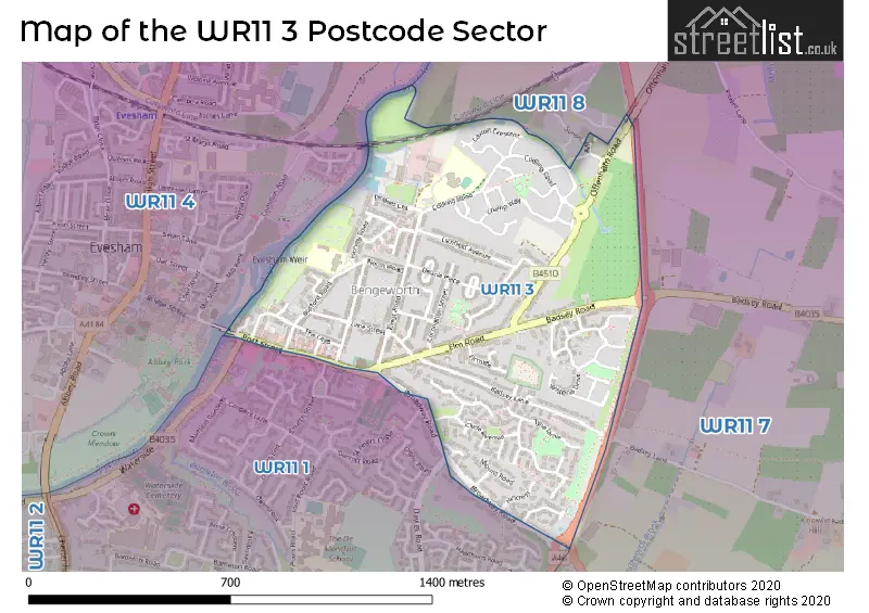 Map of the WR11 3 and surrounding postcode sector