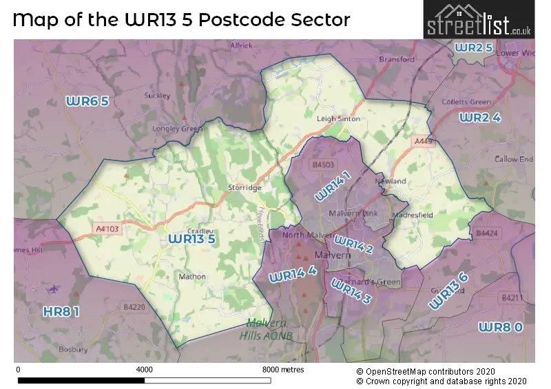 Map of the WR13 5 and surrounding postcode sector