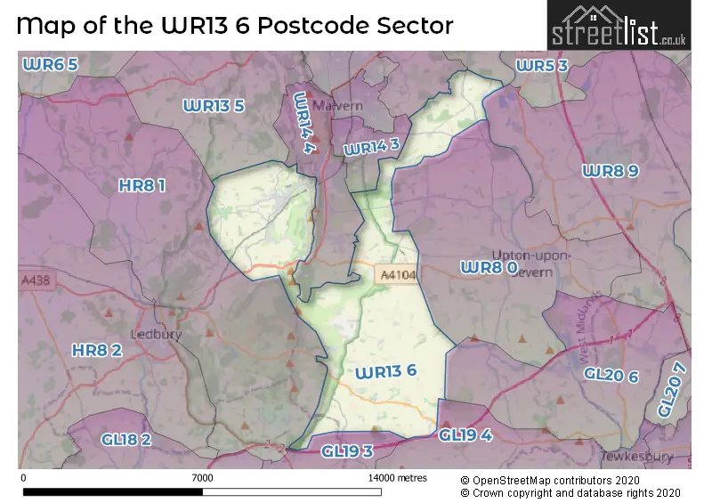 Map of the WR13 6 and surrounding postcode sector