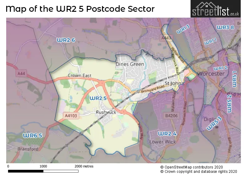 Map of the WR2 5 and surrounding postcode sector