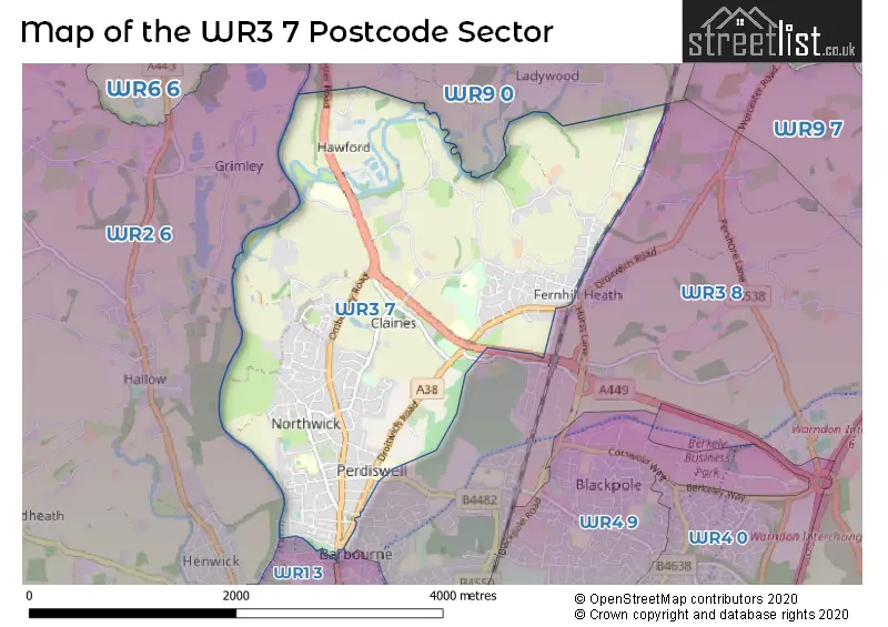 Map of the WR3 7 and surrounding postcode sector