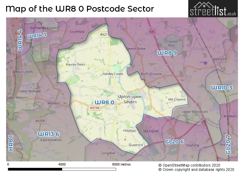 Map of the WR8 0 and surrounding postcode sector