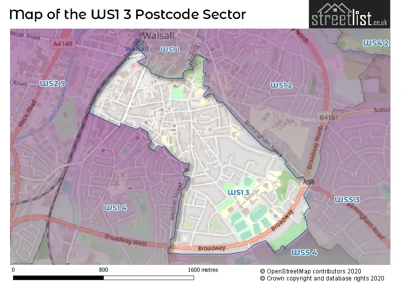 Map of the WS1 3 and surrounding postcode sector