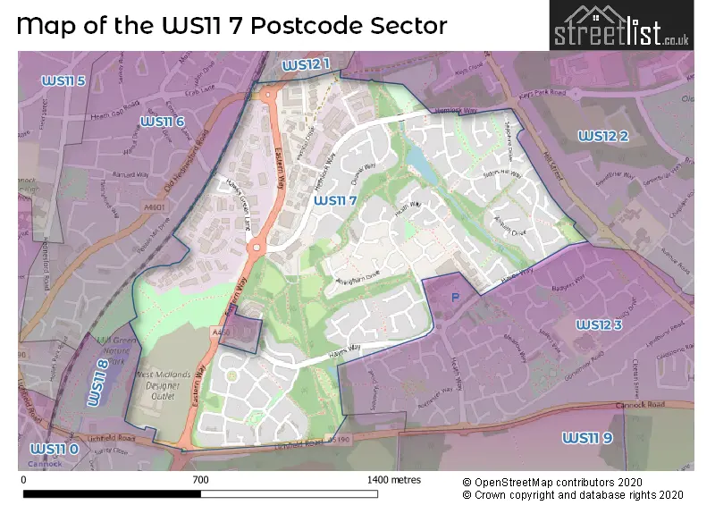 Map of the WS11 7 and surrounding postcode sector