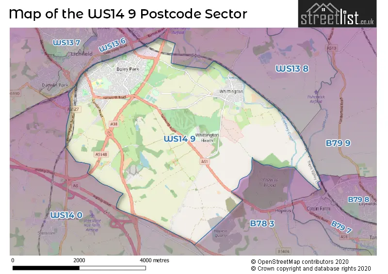 Map of the WS14 9 and surrounding postcode sector