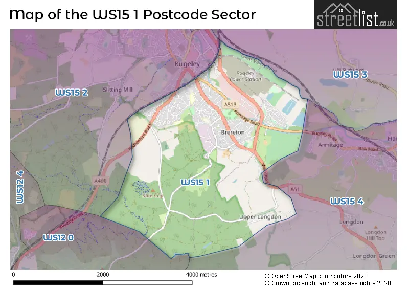 Map of the WS15 1 and surrounding postcode sector