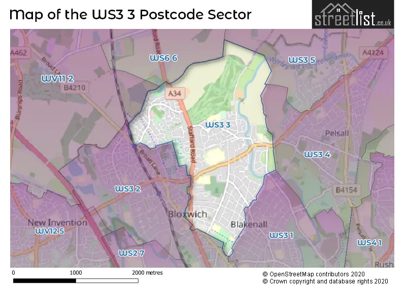 Map of the WS3 3 and surrounding postcode sector