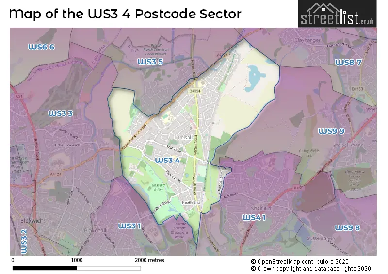 Map of the WS3 4 and surrounding postcode sector