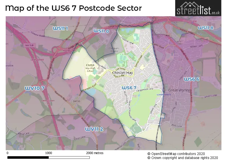 Map of the WS6 7 and surrounding postcode sector