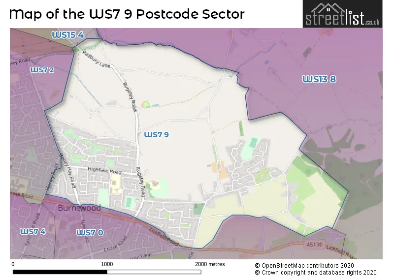 Map of the WS7 9 and surrounding postcode sector