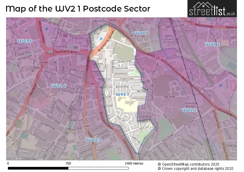 Map of the WV2 1 and surrounding postcode sector