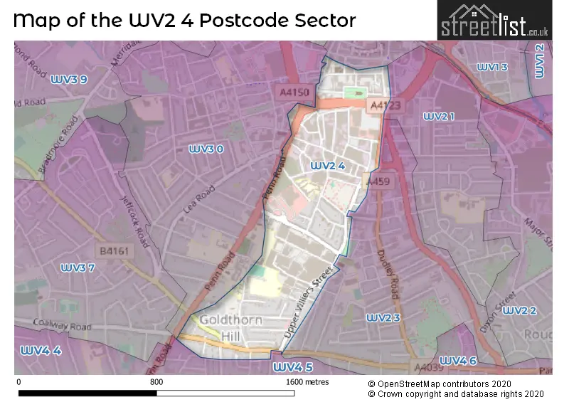 Map of the WV2 4 and surrounding postcode sector