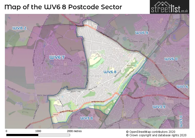 Map of the WV6 8 and surrounding postcode sector