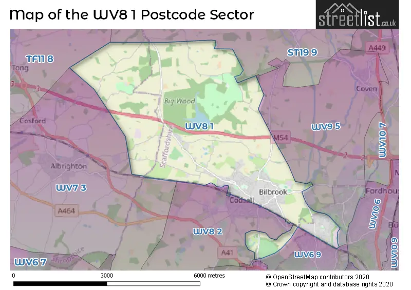 Map of the WV8 1 and surrounding postcode sector