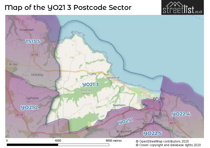 Map of the YO21 3 and surrounding postcode sector