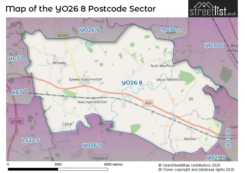 Map of the YO26 8 and surrounding postcode sector