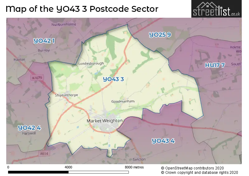 Map of the YO43 3 and surrounding postcode sector