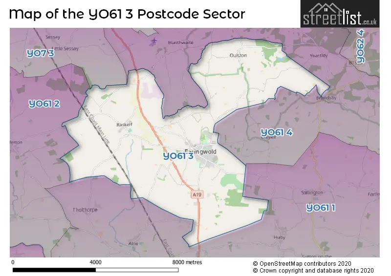 Map of the YO61 3 and surrounding postcode sector