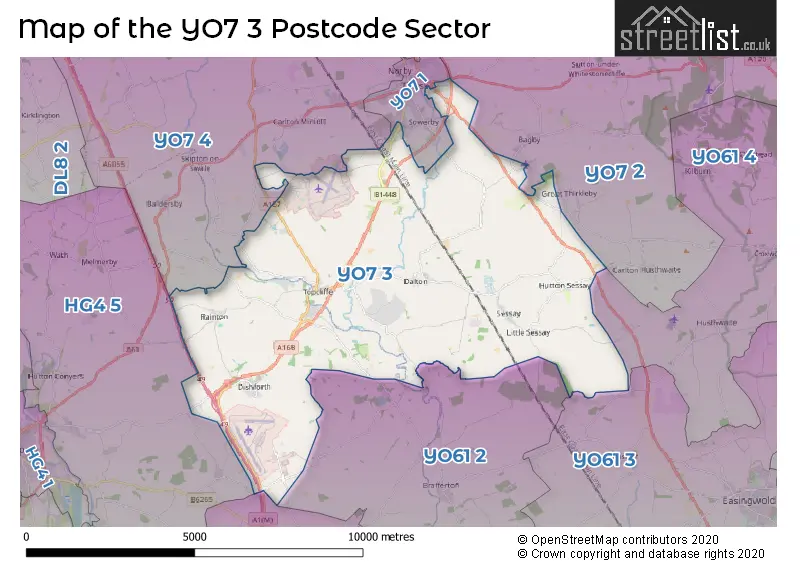 Map of the YO7 3 and surrounding postcode sector